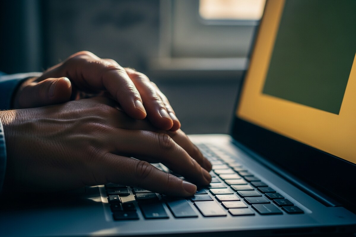 Hands above a laptop keyboard with softly glowing monitor behind in natural window light