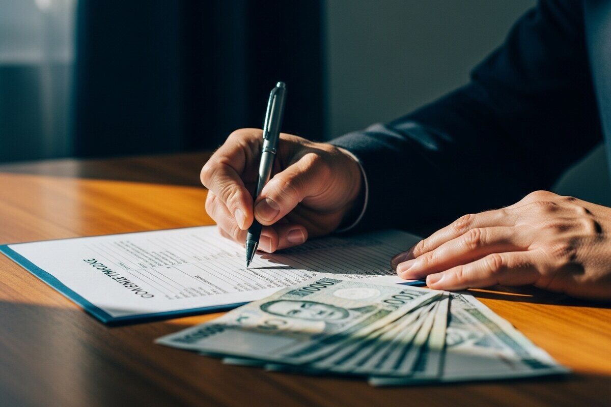 Hands completing a financial compliance form at a desk with foreign currency notes and a laptop nearby
