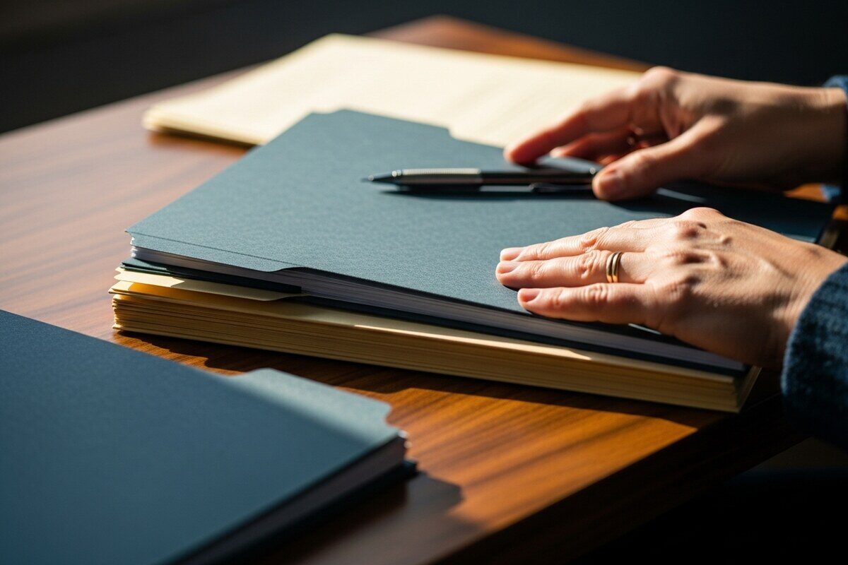 Hands organizing tax compliance folders on a walnut desk with a pencil