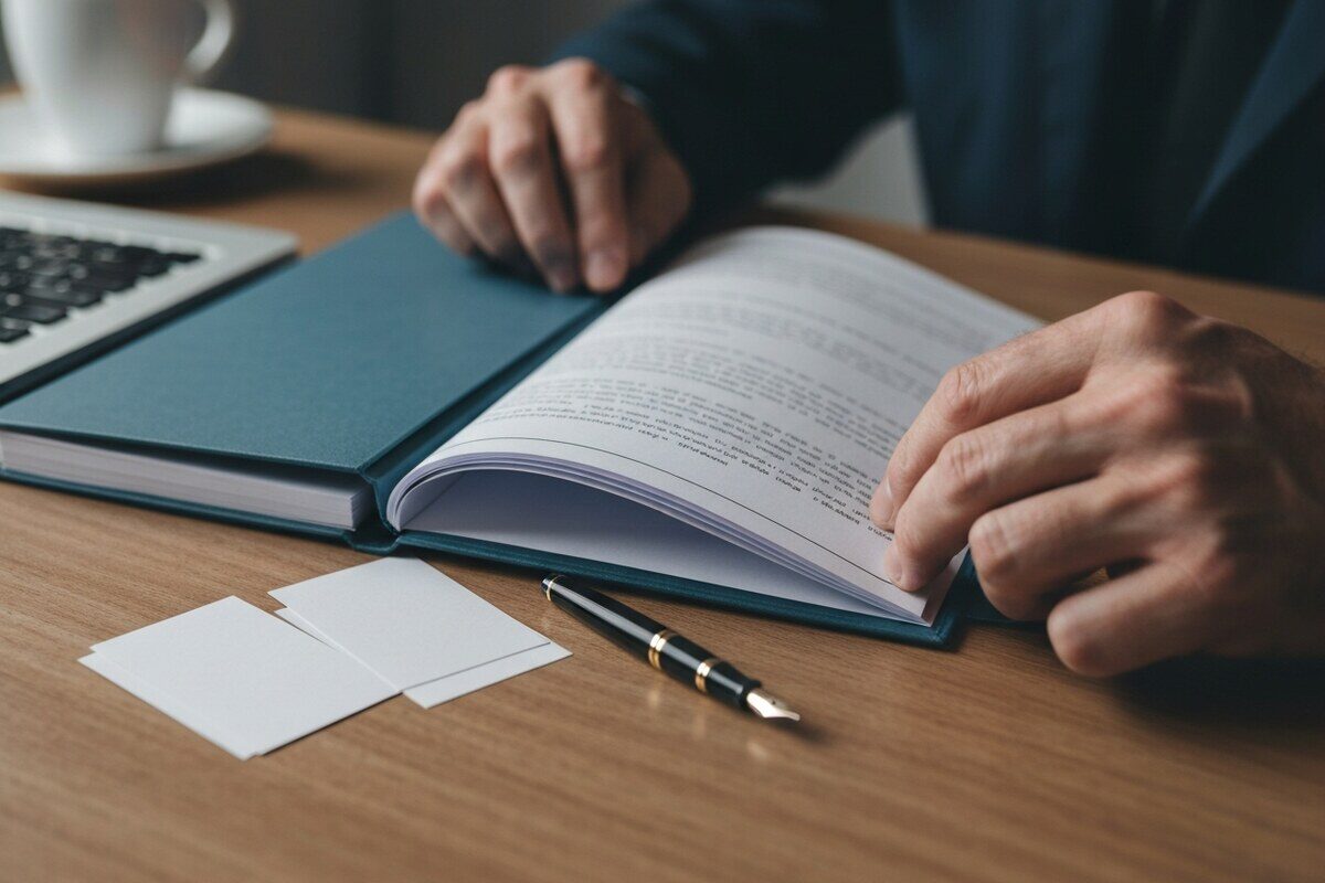 Open document sleeve and fountain pen beside blank cards representing foreign pension US tax filing requirements for expats