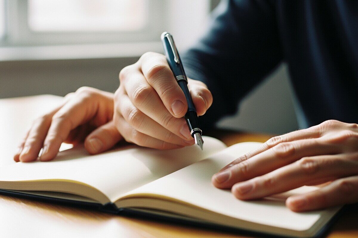 Hands holding fountain pen over blank notebook page working through foreign tax credit calculations