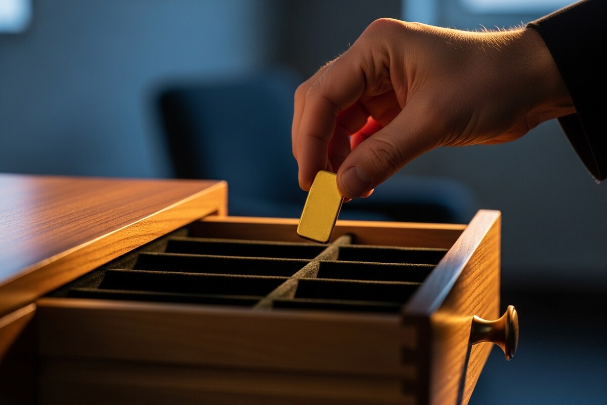 Hand placing a gold bar into a velvet-lined wooden drawer representing physical gold storage for expat investors
