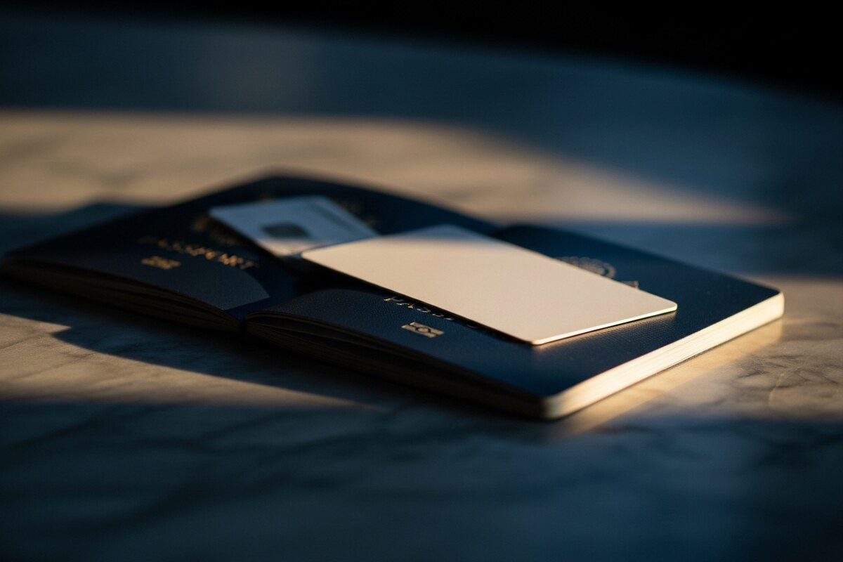Two passports and credit card on dark marble with warm directional light and long shadows