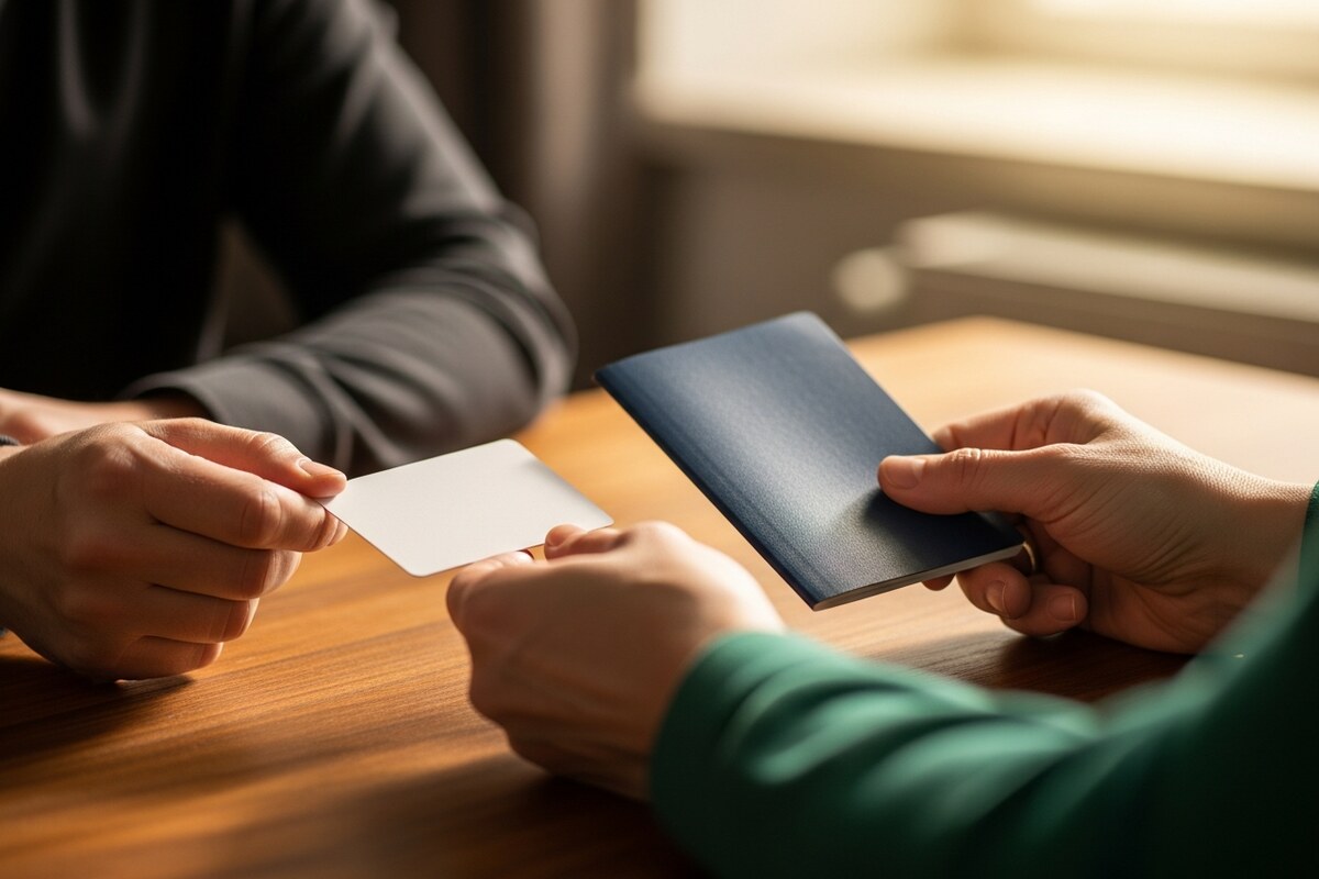 Hands presenting residence permit and passport across wooden desk in warm side light