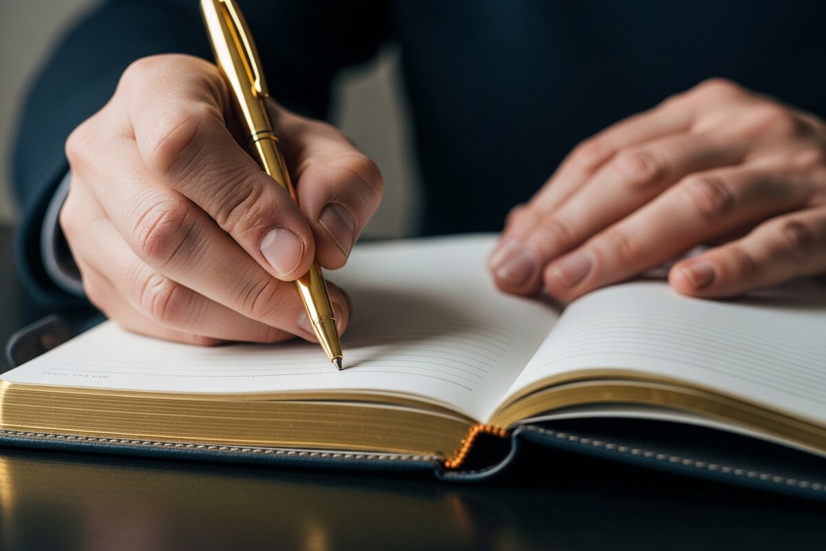 Hands holding gold pen writing in blank leather journal on dark desk surface representing estate planning steps