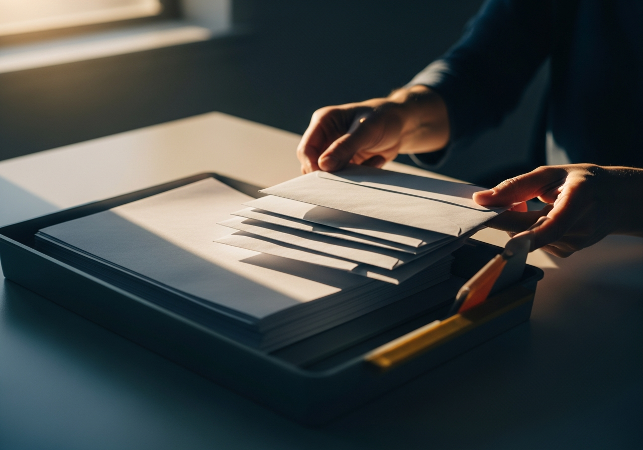 older expat reviewing retirement account withdrawal paperwork at a desk with reading glasses