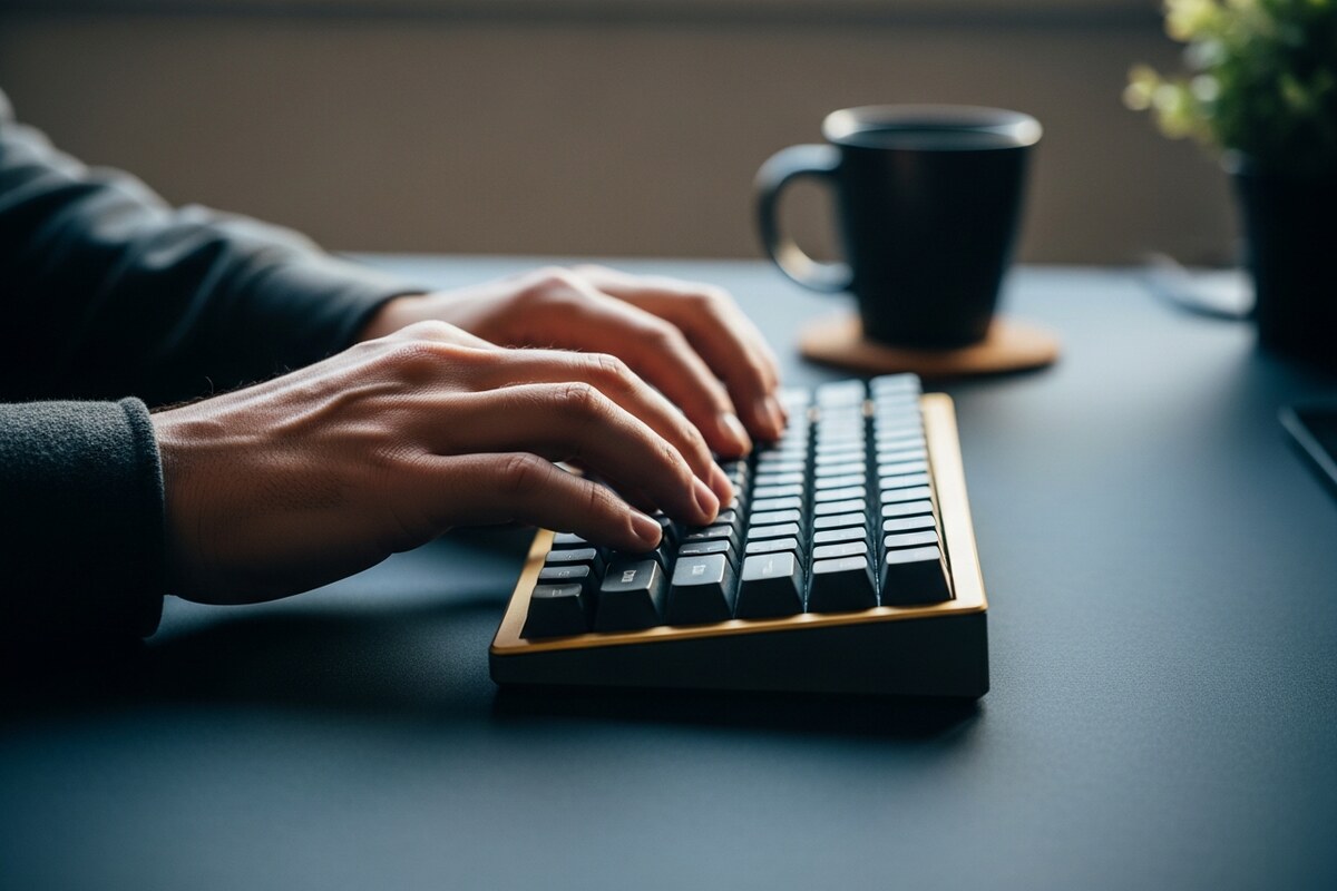 Hands typing on mechanical keyboard at clean standing desk with plant in background