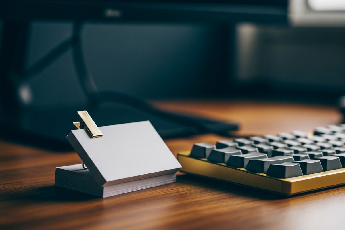 Stack of business cards with paper clip beside a mechanical keyboard on wooden desk