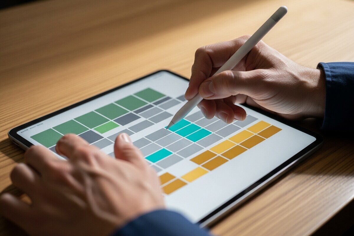 Close-up of hands building a visual workflow on a tablet using drag-and-drop blocks
