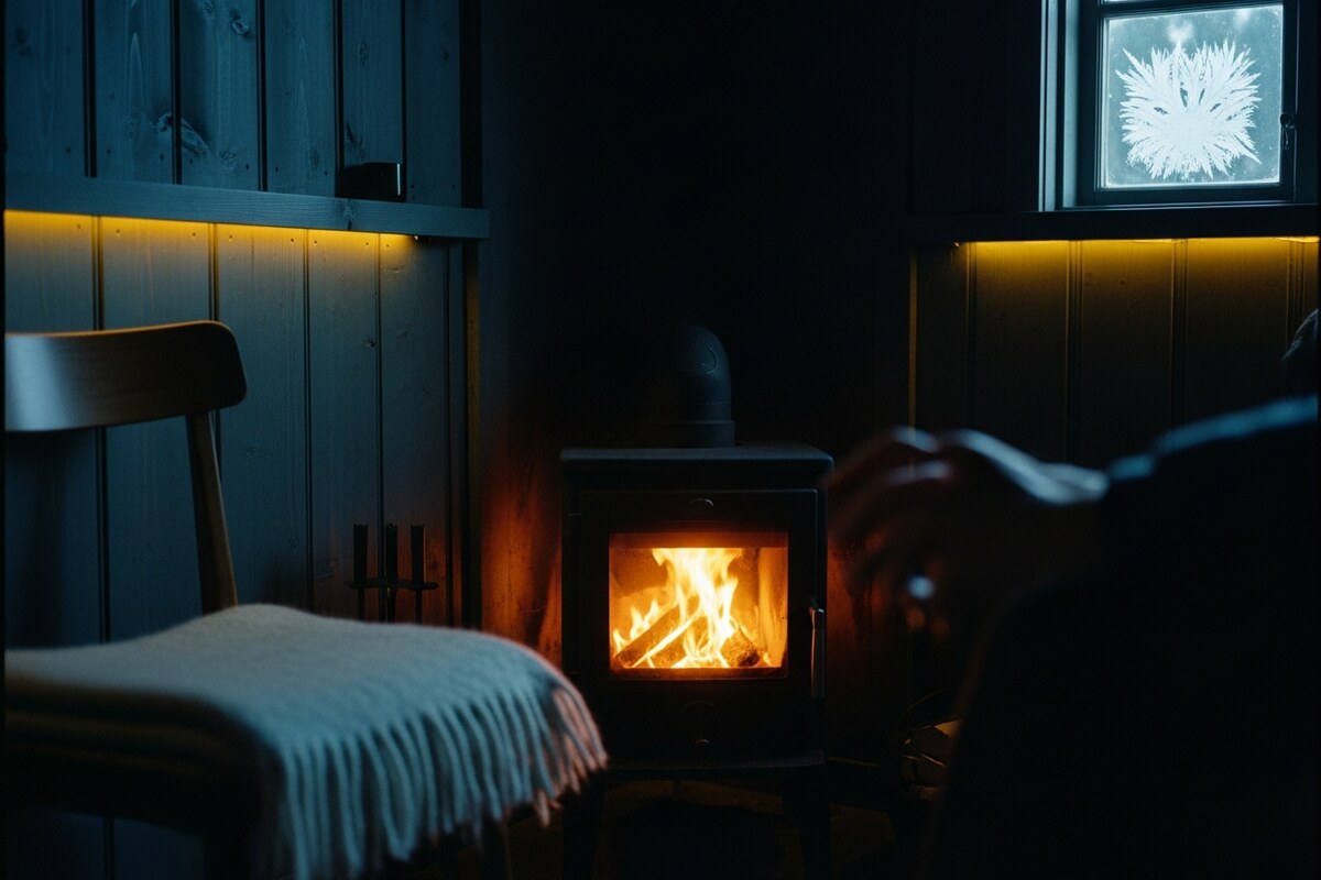 Cozy Norwegian wooden room interior with lit fireplace and frost on window