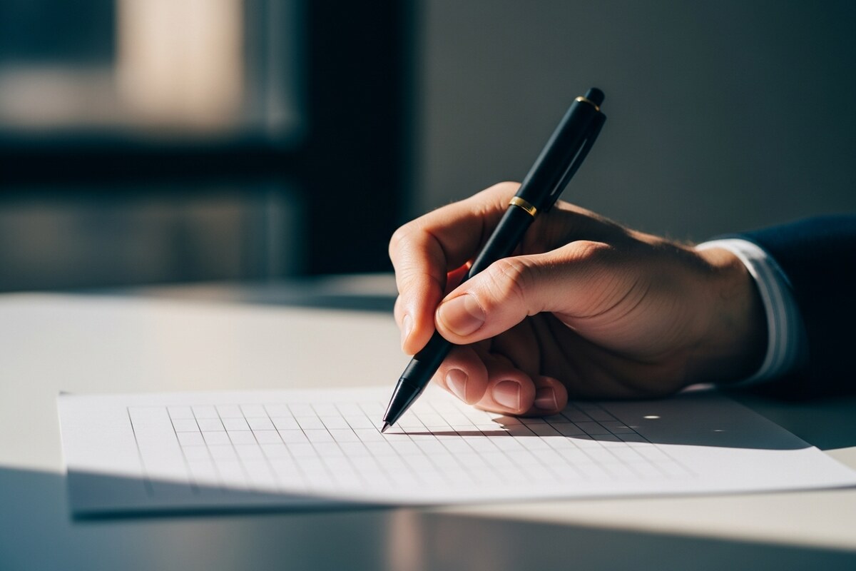 Close-up of hand with pen reviewing a trading chart at a clean white desk