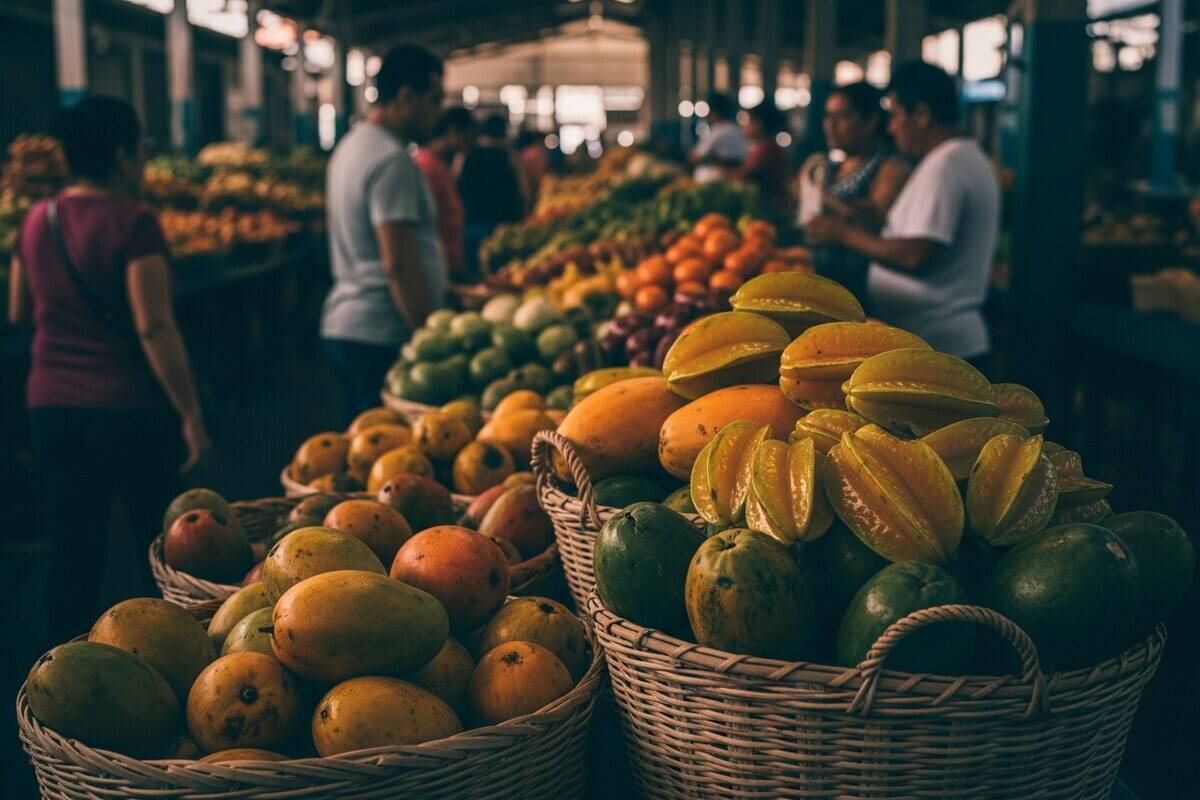 Vibrant covered market with fresh tropical produce and local shoppers in a Panamanian town