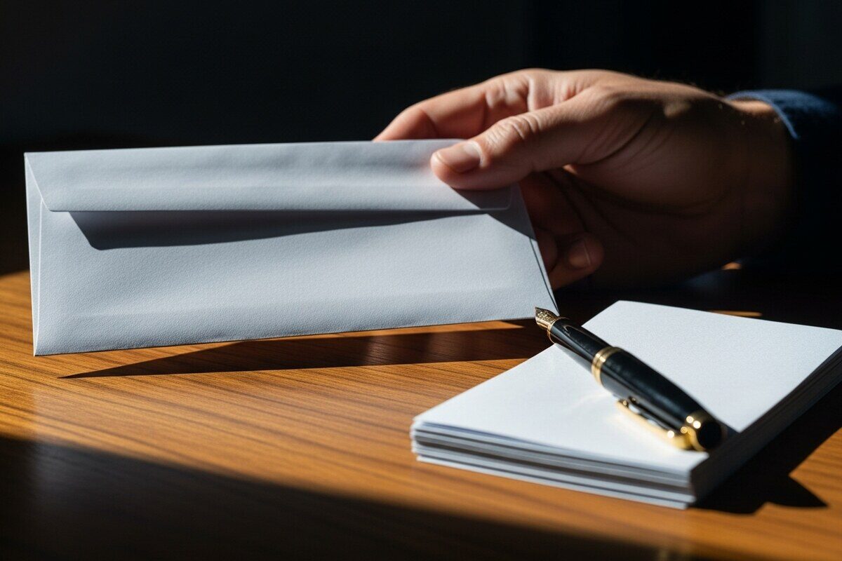 Hand holding sealed envelope over desk with stacked currency and fountain pen in natural light