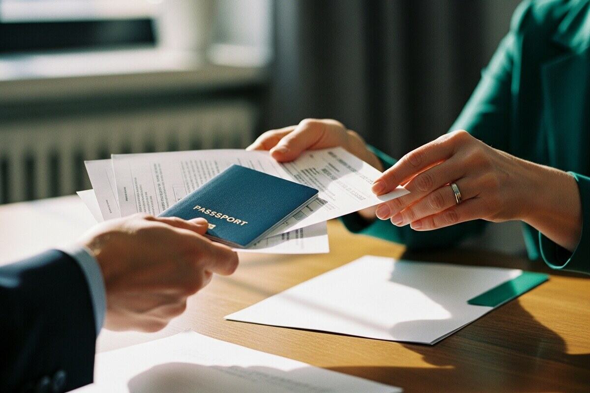 Hands exchanging residence permit documents at an official desk for expat processing