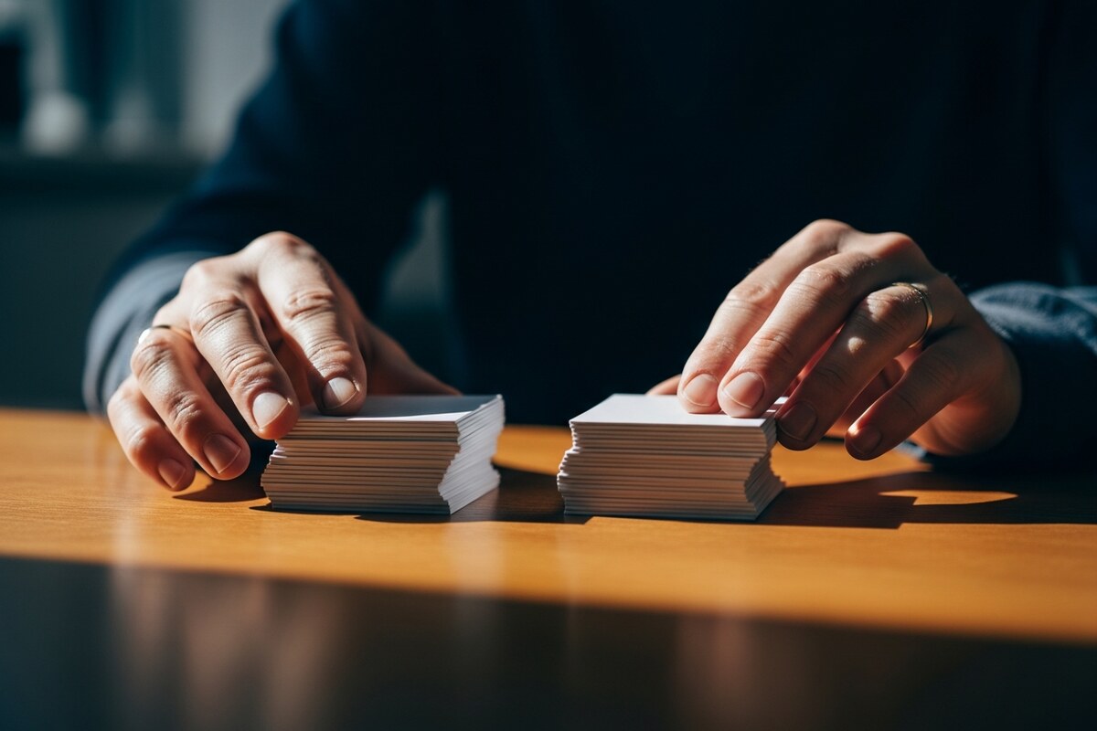 Hands sorting cards into two stacks representing the QBI deduction calculation for expats