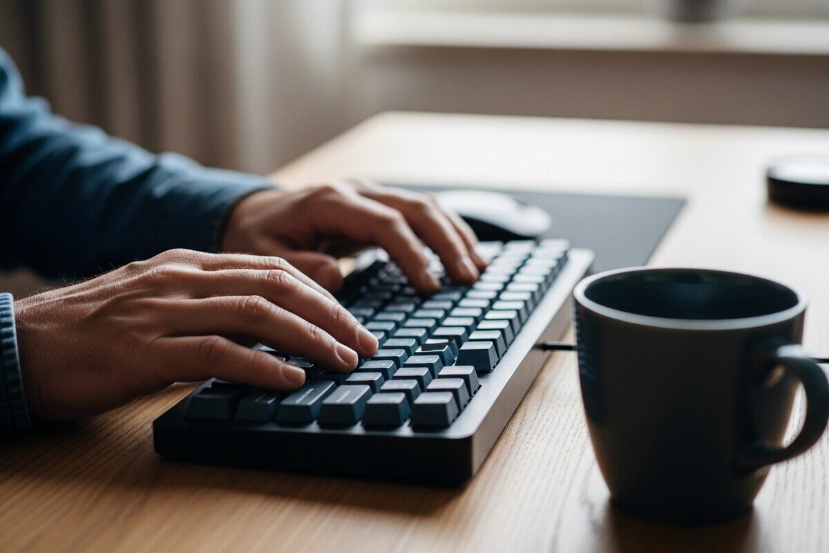 Hands on keyboard at a clean home office desk representing remote AI service work