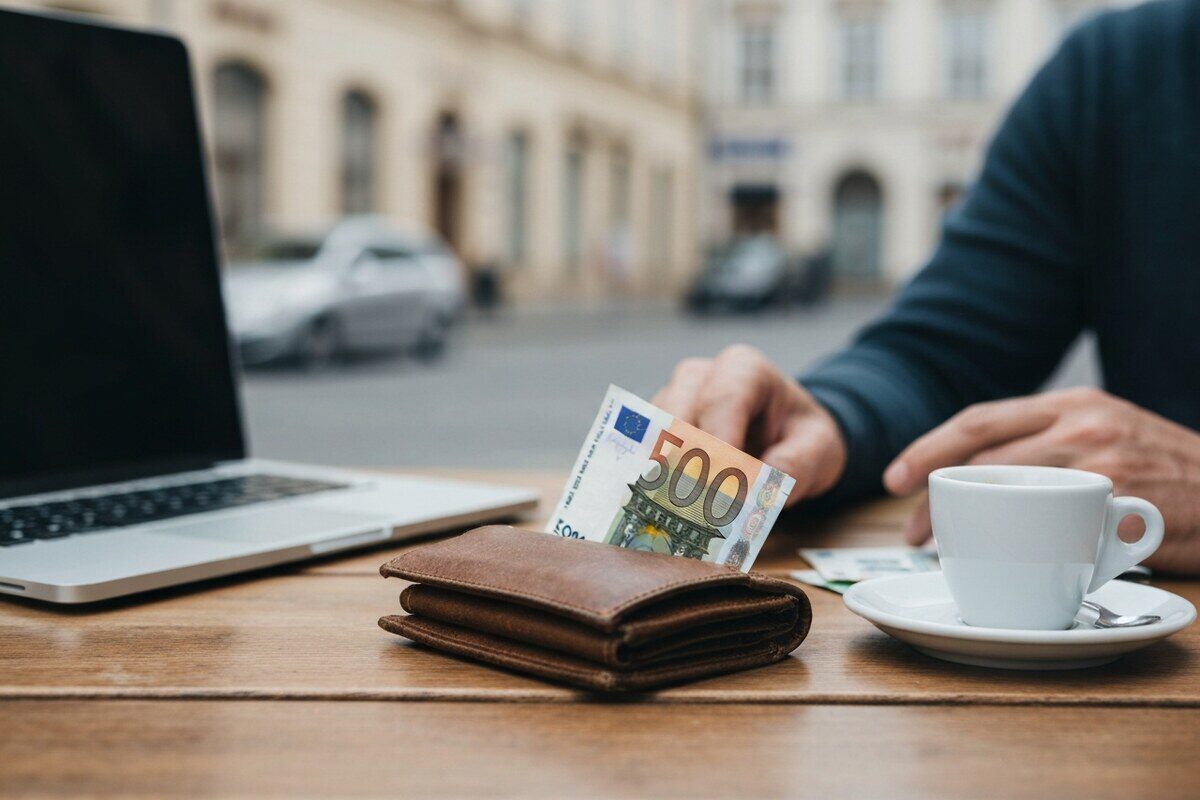 leather wallet with euro banknotes on a cafe table in a European city representing the daily cost of living for US expats in Slovakia