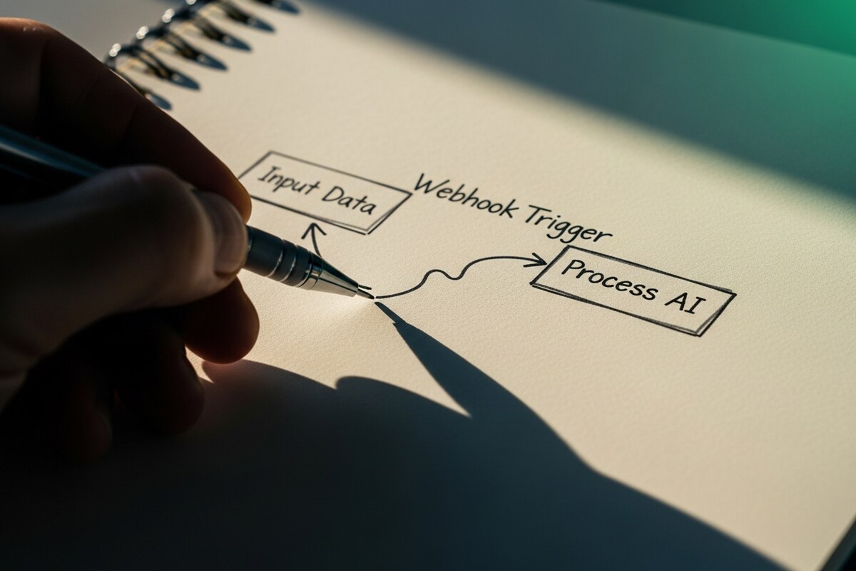 Hand drawing webhook trigger arrow connecting system map boxes in open notebook
