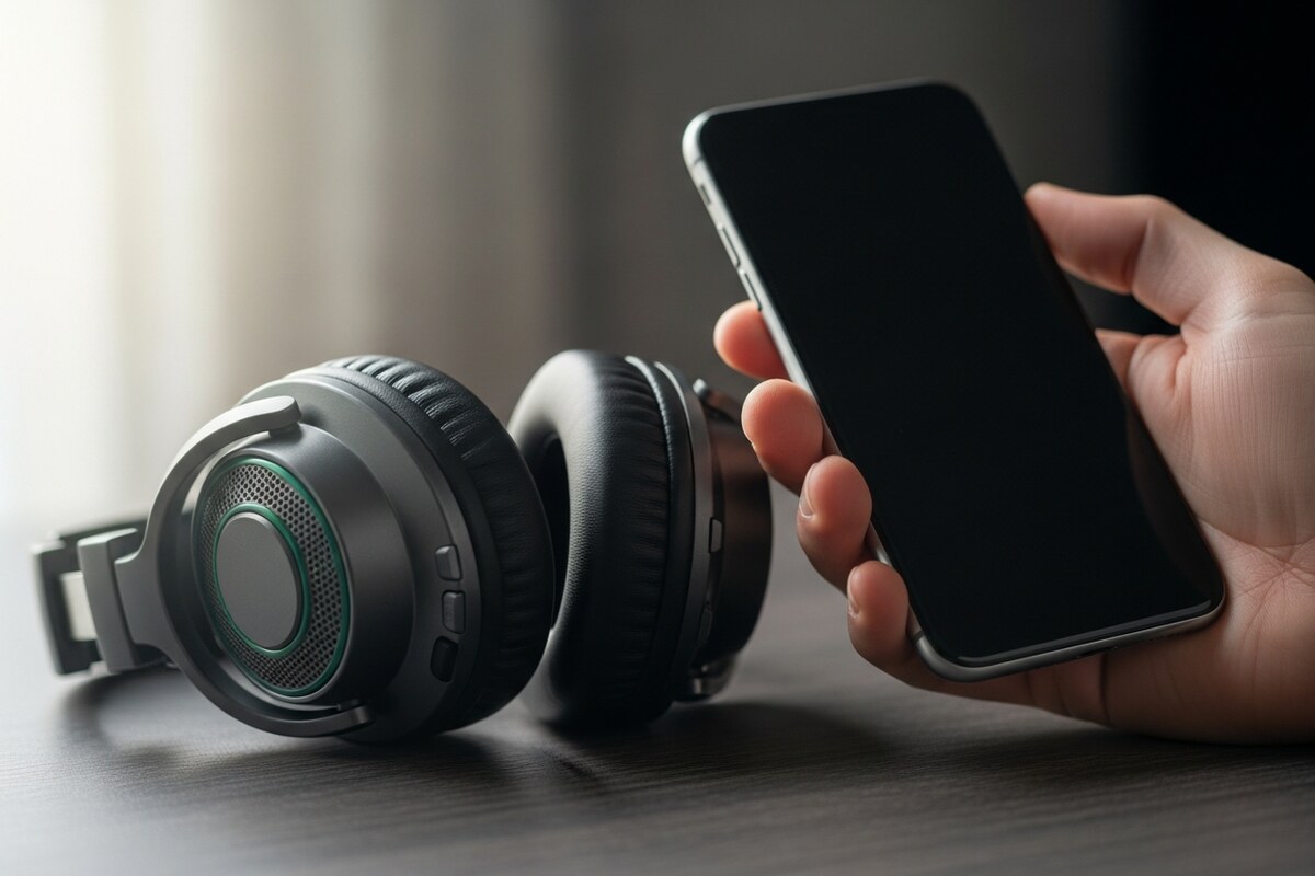 Headset and phone on a workspace desk representing remote content service operations