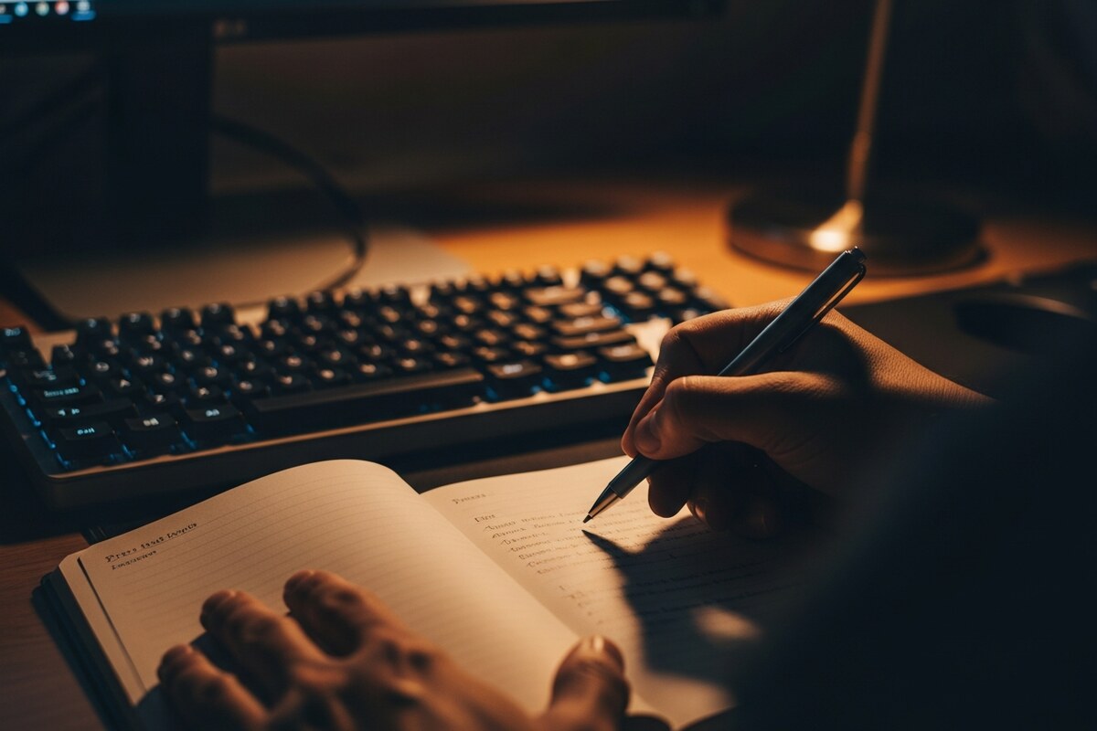 Hand writing client notes in a paper notebook at a warmly lit desk with keyboard nearby