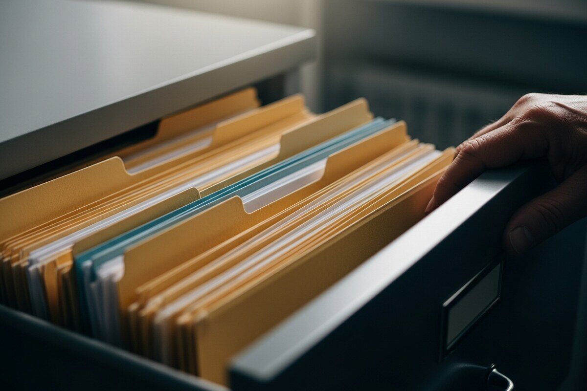 Close-up of organized document folders and legal paperwork on a desk representing immigration and tax filing requirements