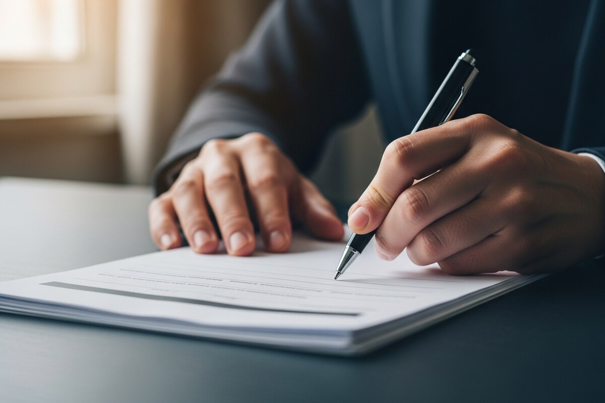 Hands filling out blank government tax forms with a pen at an office desk