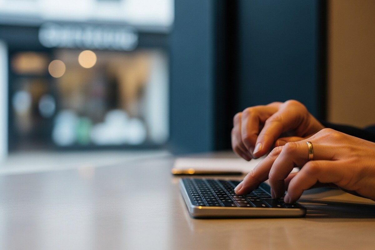 Person using a smartphone to manage community and business messaging from a remote workspace