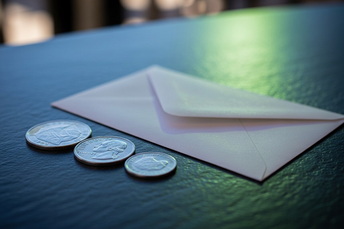 Three coins on smooth stone surface beside a single blank envelope in natural side light