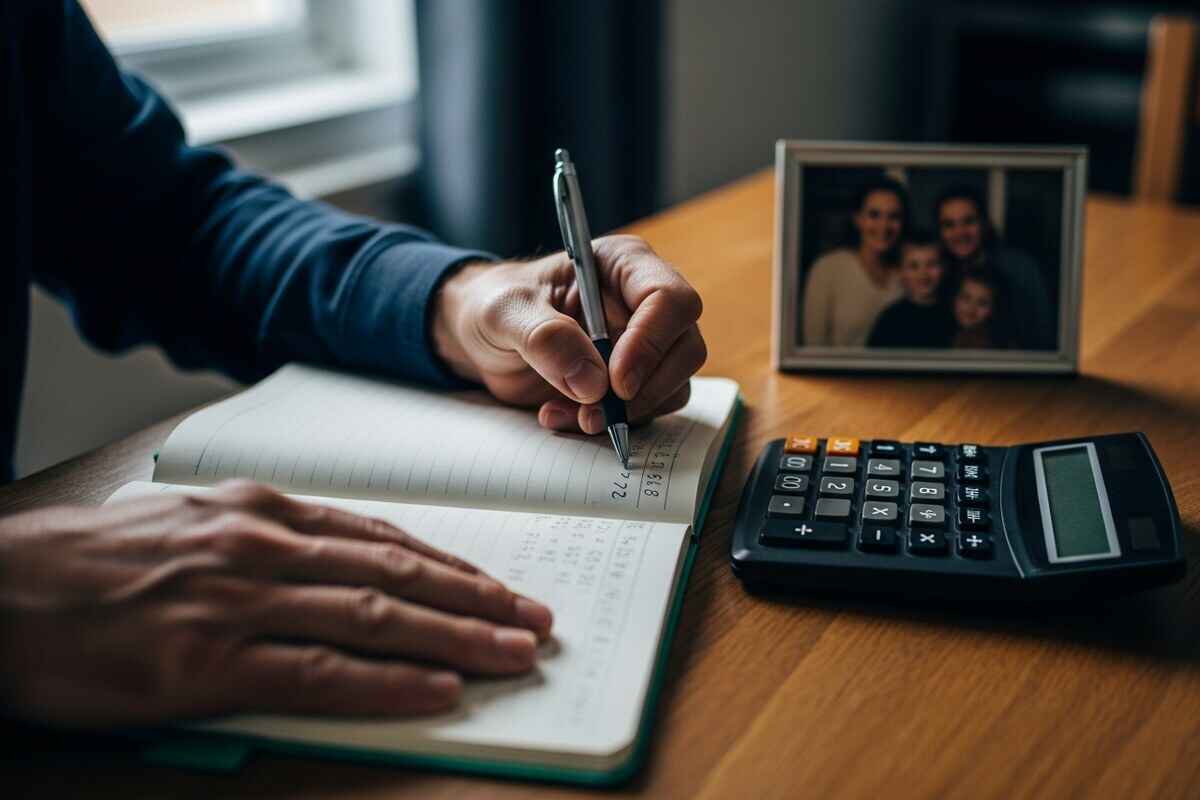 Parent hands writing college savings calculations in a notebook beside a calculator