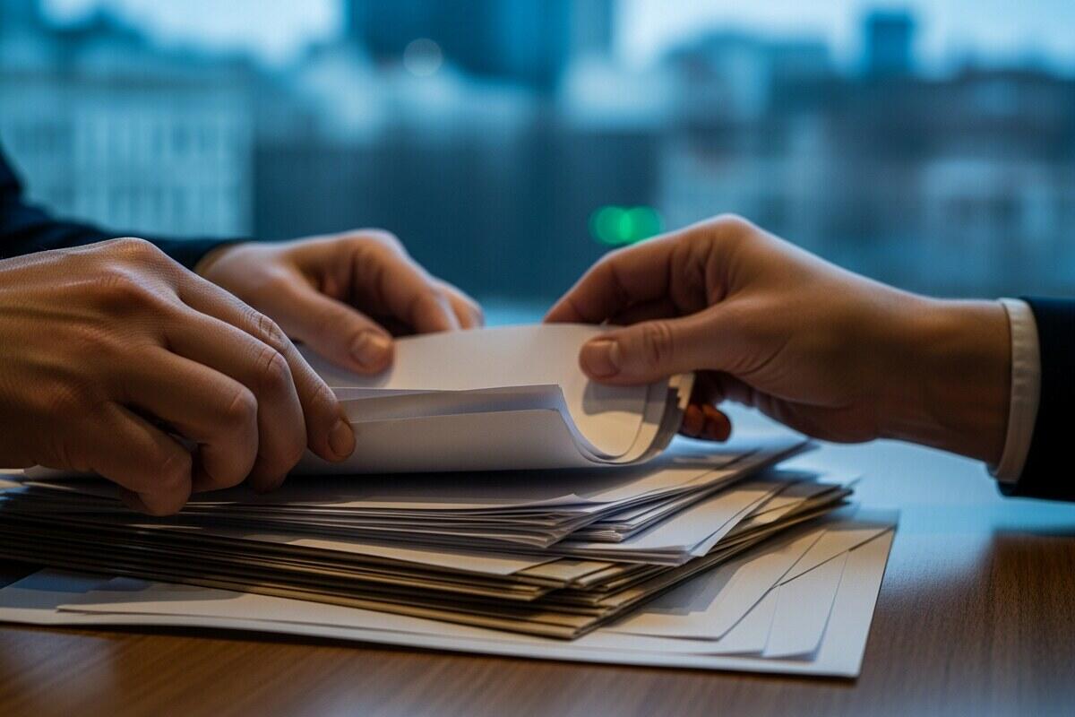 Hands organizing financial documents and bank statements on a desk for US savings account setup