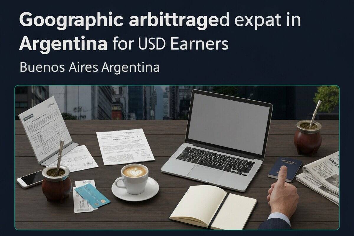American expat working remotely from a Buenos Aires coffee shop with a laptop and mate tea