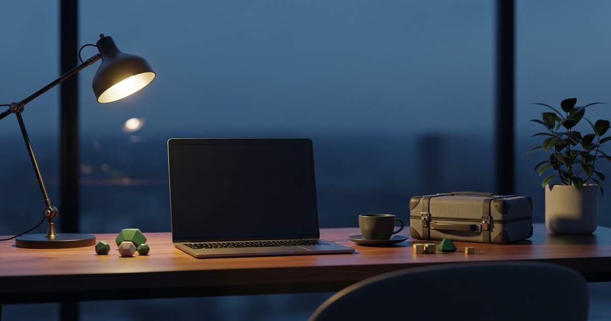 Laptop showing invoice payment confirmation and multi-currency bank accounts on desk abroad