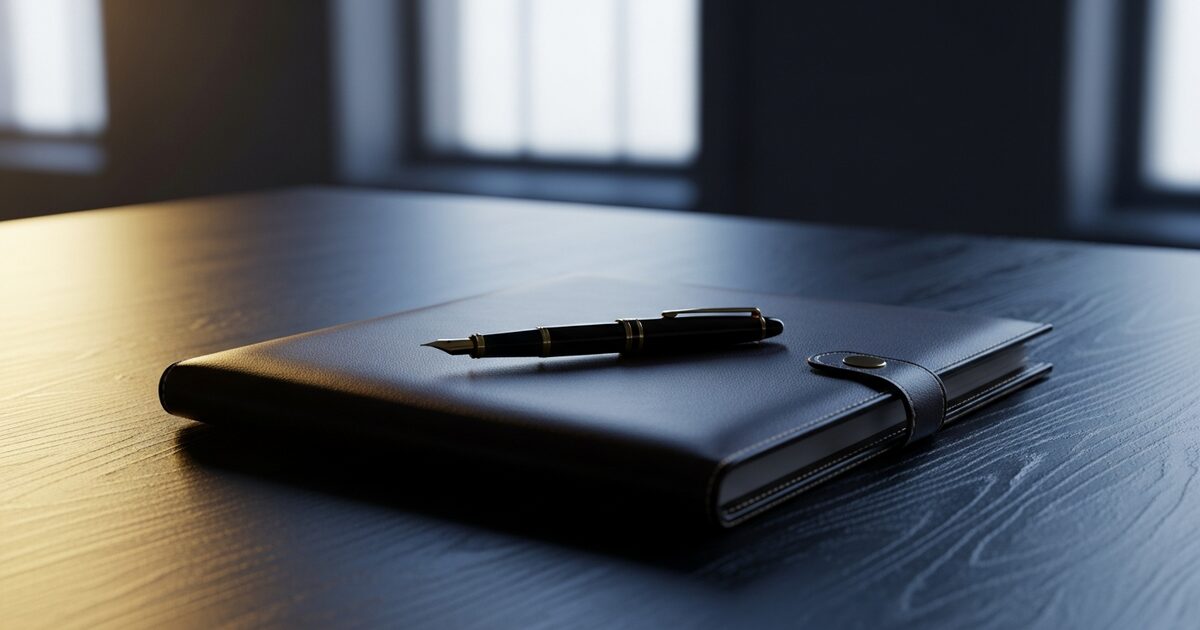 Leather portfolio and fountain pen on a polished wooden desk for tax compliance planning