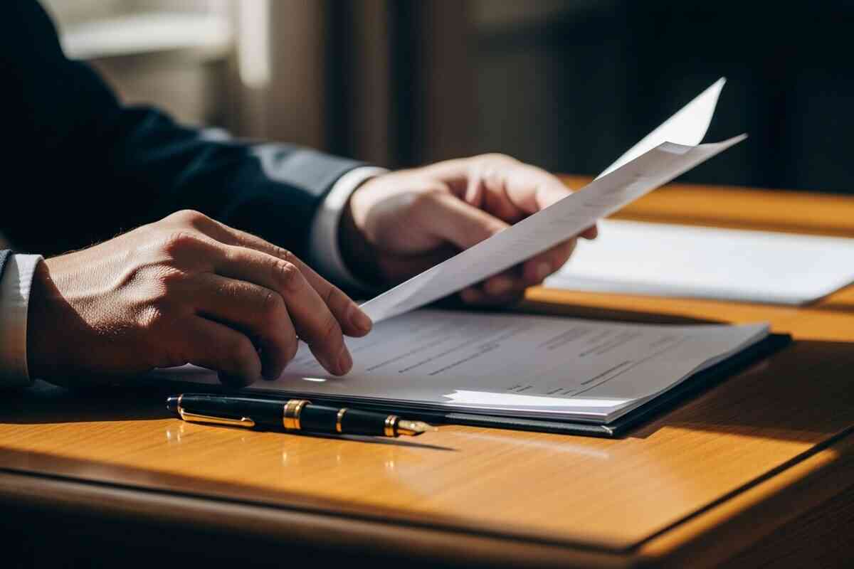 Hands organizing investment account statements and official forms on a wooden desk