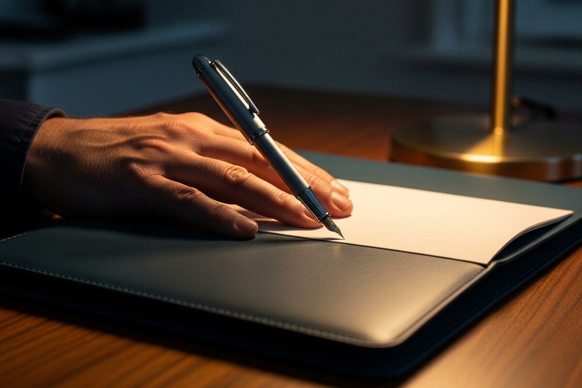 Hand preparing FBAR compliance documents on a leather portfolio at a walnut desk in warm side light