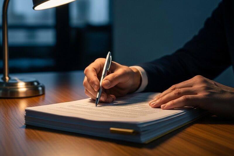 Hands reviewing an international health insurance policy document with a pen, warm desk lamp lighting, shallow depth of field