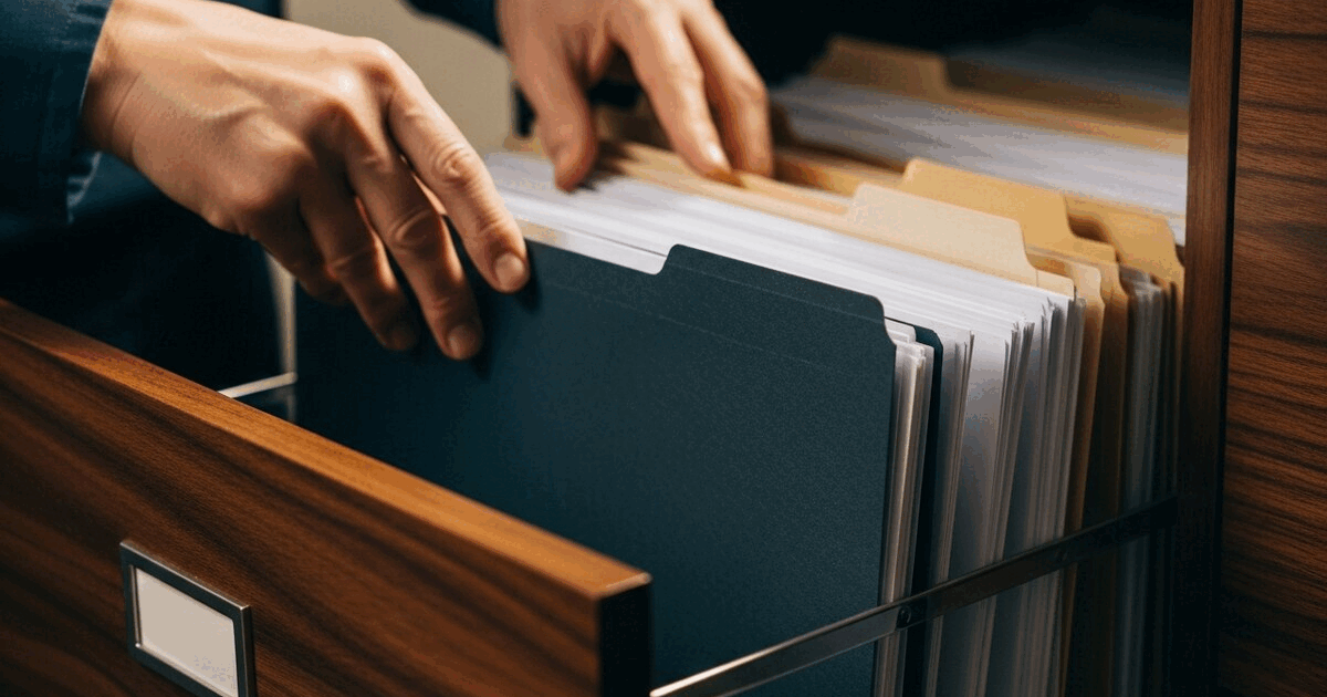 Hands organizing official document folders in a walnut filing cabinet under warm sidelight