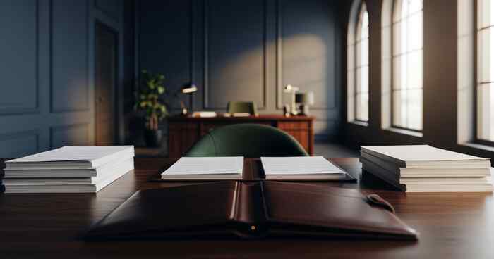 Professional office with leather portfolio and financial documents on walnut desk in warm morning light