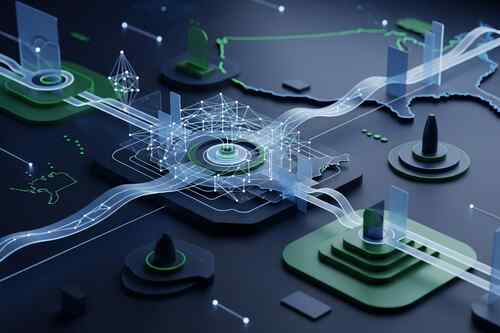 Abstract glowing network of interconnected nodes representing worldwide alternative investment portfolio