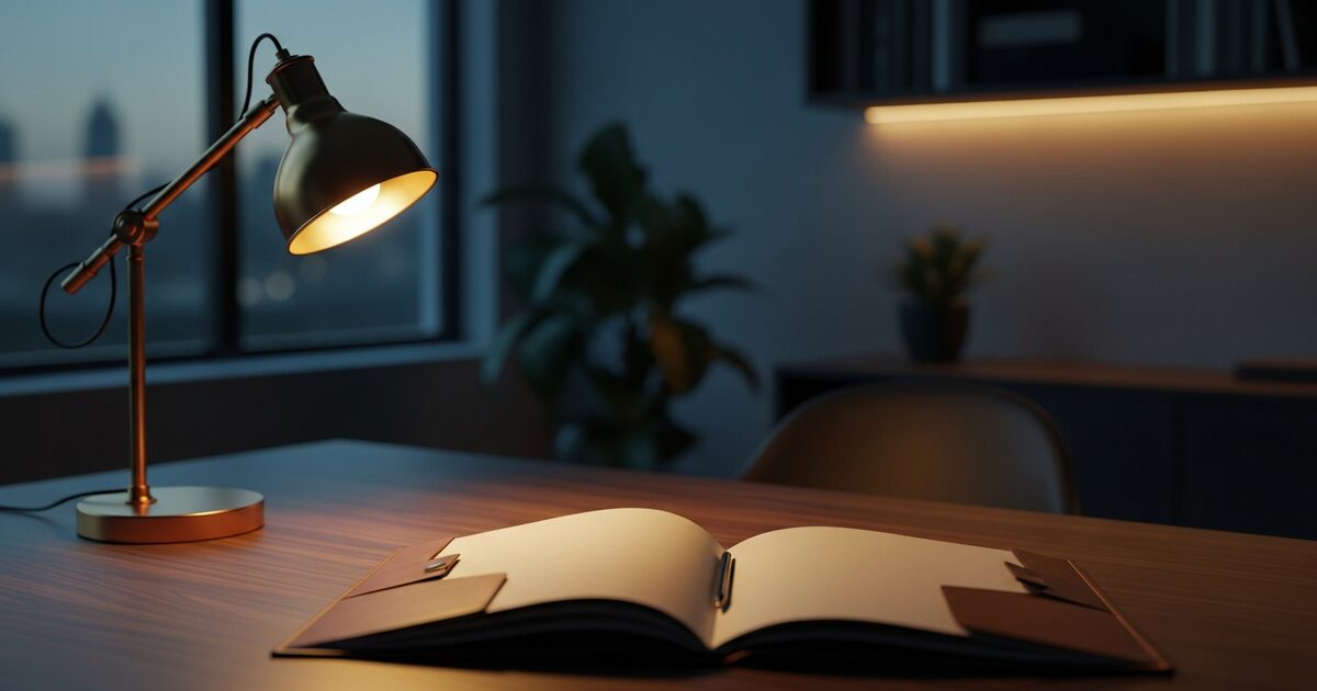 Walnut desk with leather portfolio open beside a warm amber lamp at dusk in a quiet study