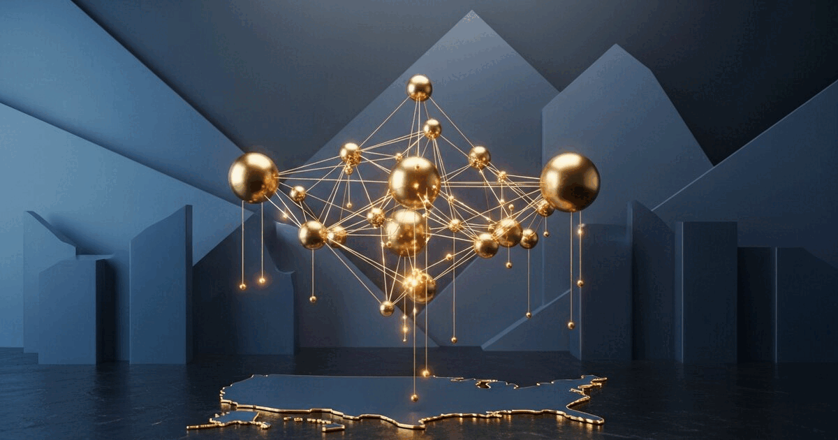 Glowing gold network spheres connected by lines floating above dark slate surface