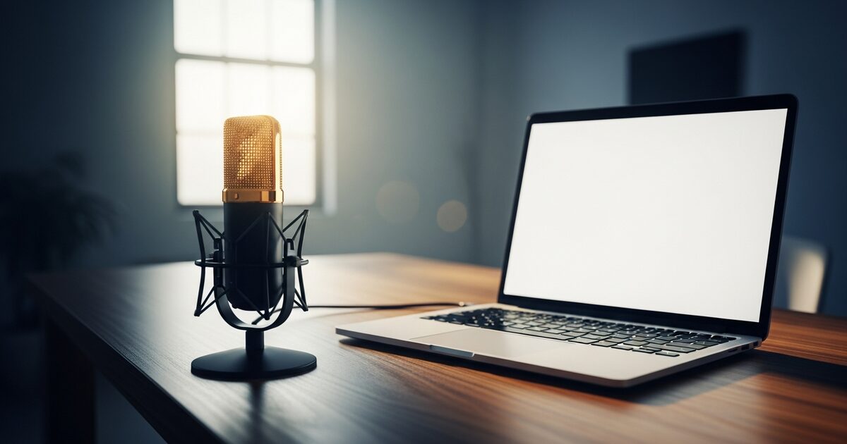 AI content repurposing workspace with podcast microphone and laptop on warm walnut desk