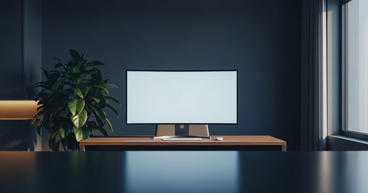 Modern home office wide monitor warm walnut desk afternoon light remote operator workspace