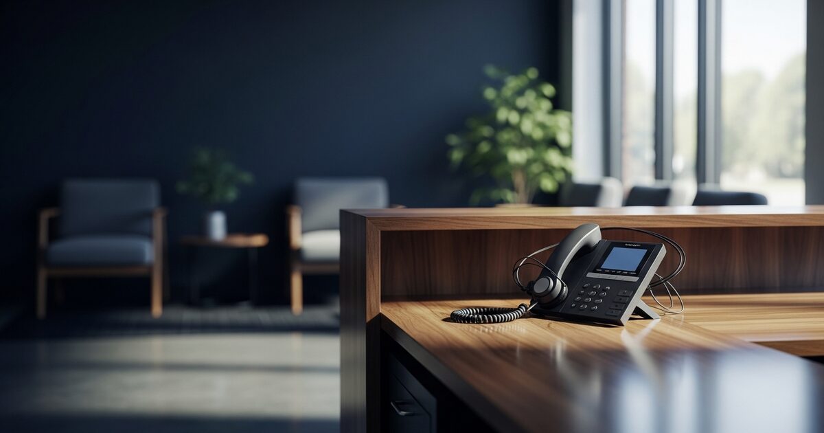 Warm dental reception workspace prepared for missed call automation
