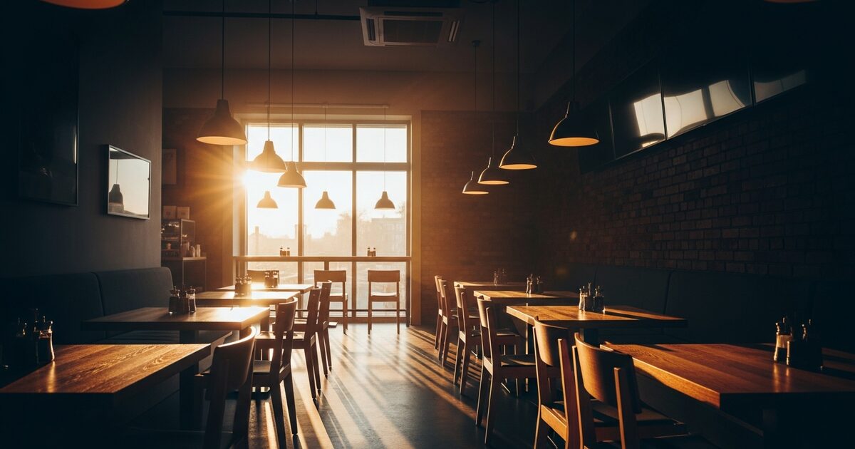 Warm morning light in empty modern cafe with wooden tables and pendant lights, shallow depth of field