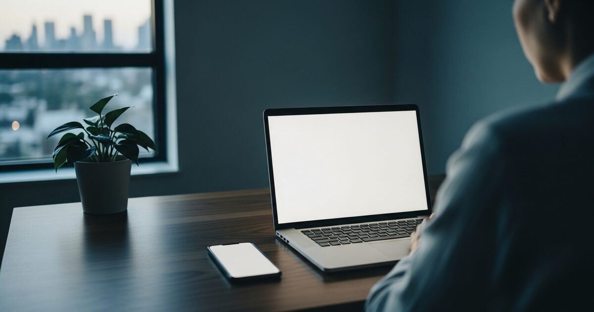 Remote professional managing AI voice agent clients from a warm minimalist home office abroad