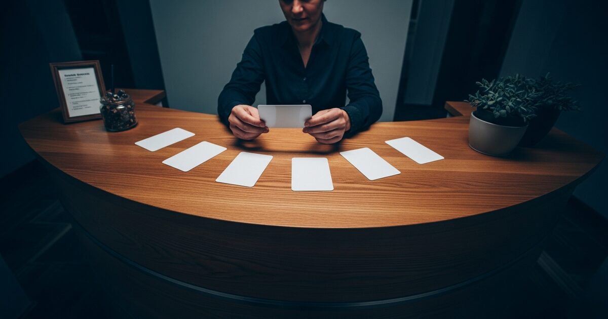 Local business owner reviewing customer feedback at a reception counter