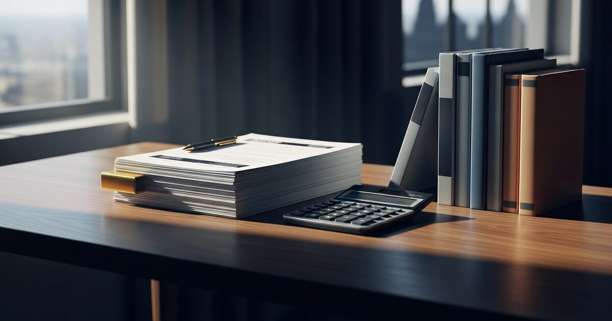 Localization quote workspace with calculator books and soft window light