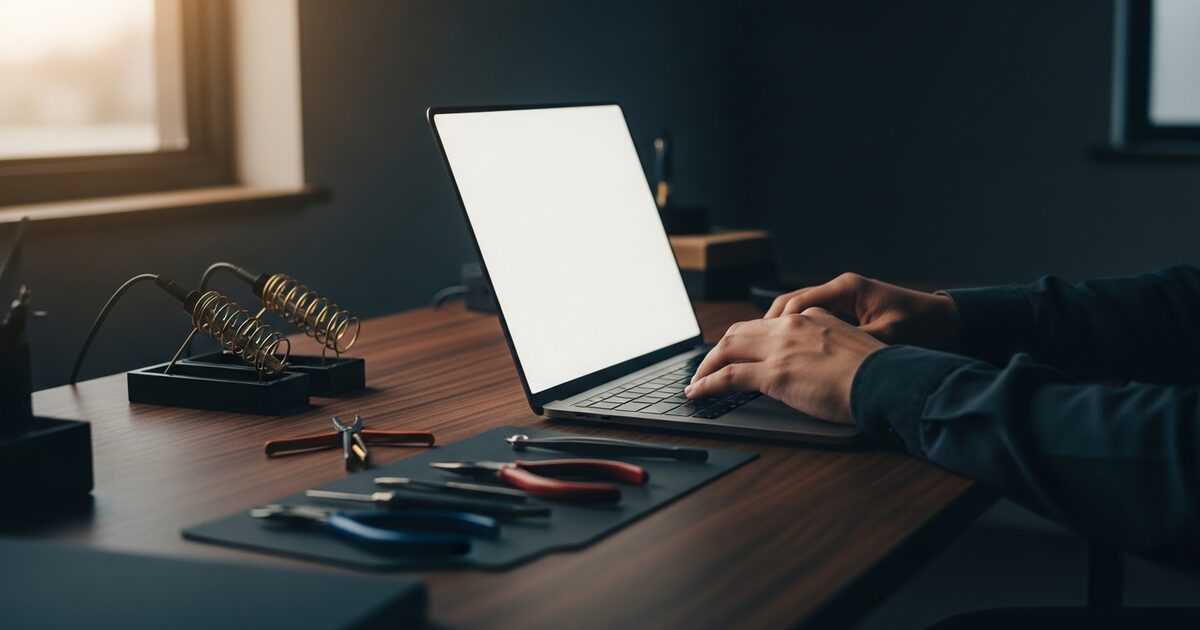 Home service contractor at walnut desk with laptop reviewing incoming call workflow