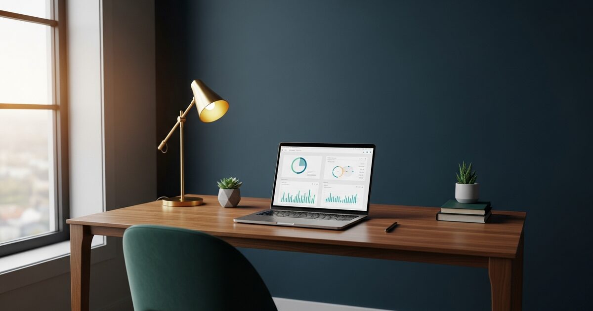 Modern minimalist home office workspace with warm walnut desk and laptop in soft morning light